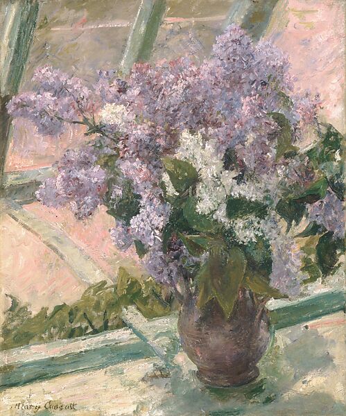 Lilacs in a Window (Vase de Lilas a la Fenetre), Mary Cassatt (American, Pittsburgh, Pennsylvania 1844–1926 Le Mesnil-Théribus, Oise), Oil on canvas, American