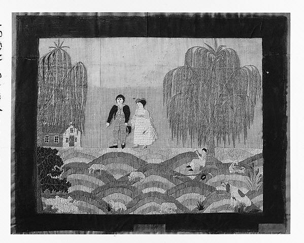 Needlework picture (“The Shepherd’s Grove”), Agnes Yeakle (American, 1785–1873), Silk embroidery on linen, with paper and paint, American