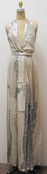 Ensemble, Halston (American, Des Moines, Iowa 1932–1990 San Francisco, California), (a, b) silk, glass, synthetic; (c) silk, glass, American