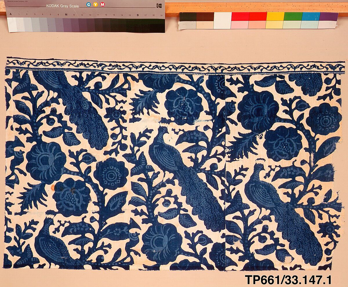 Partial curtain, blue-resist textile, Cotton, painted and block-printed resist, dyed, Indian textile for American market
