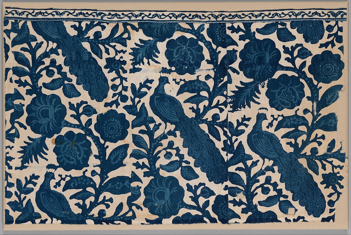 Partial curtain, blue-resist textile, Cotton, painted and block-printed resist, dyed, Indian textile for American market