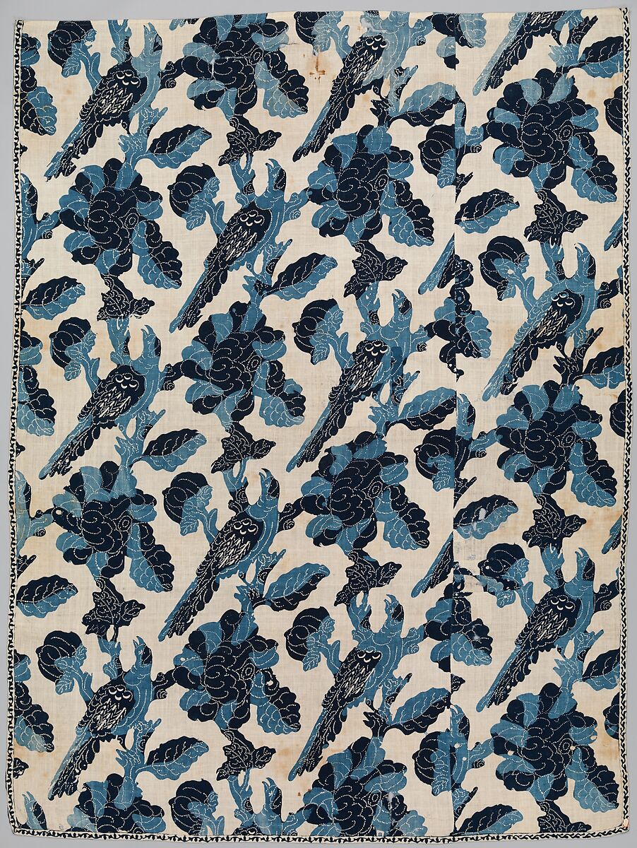 Curtain panel, blue-resist textile, Cotton, painted and block-printed resist, dyed, Indian textile for American market 