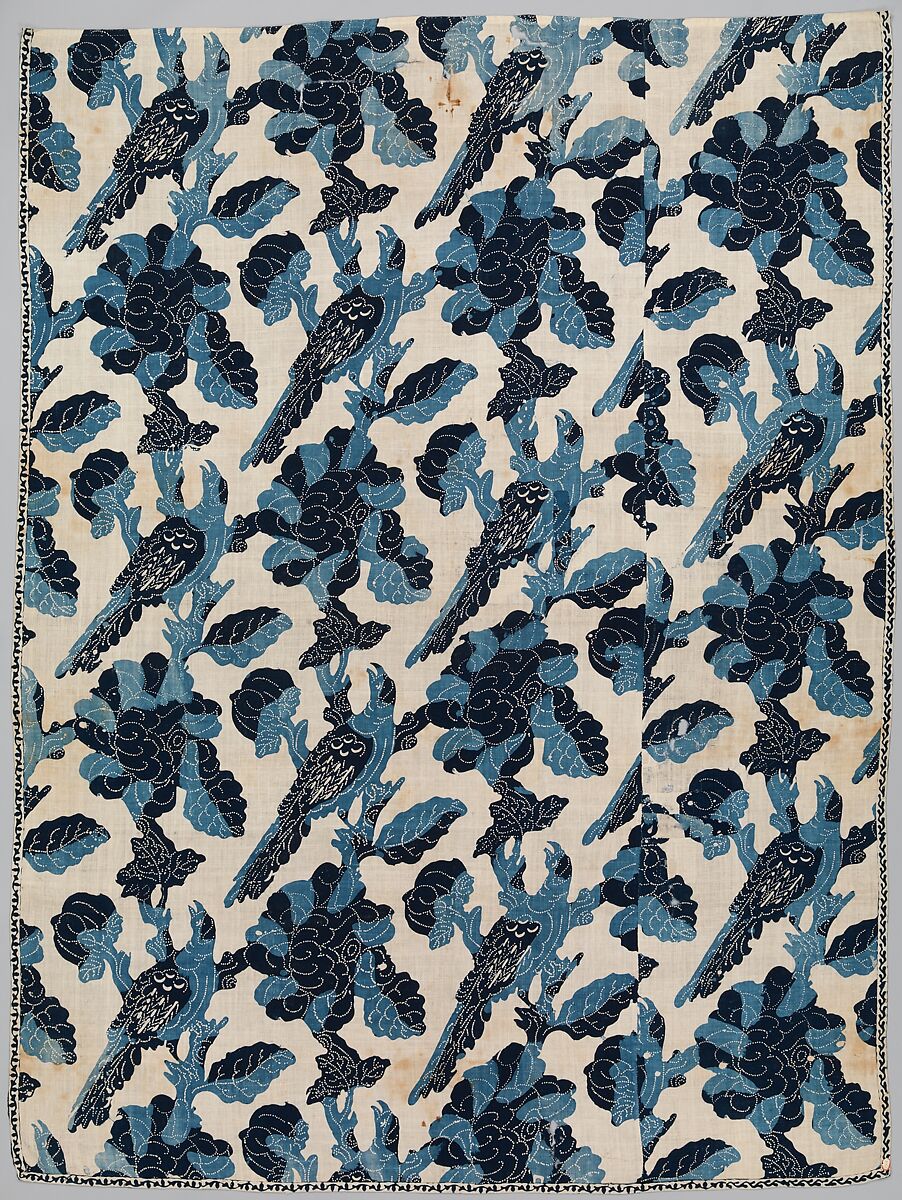 Curtain panel, blue-resist textile, Cotton, painted and block-printed resist, dyed, Indian textile for American market