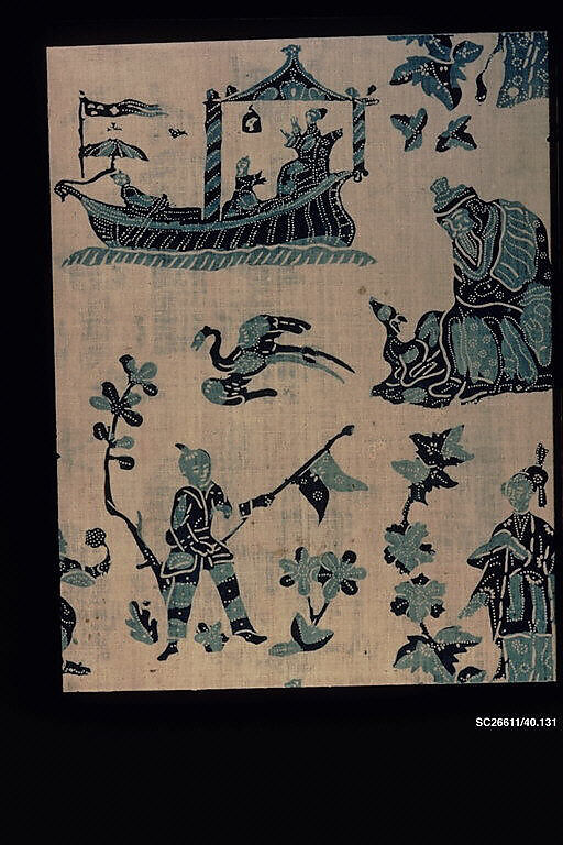 Piece, blue-resist textile, Cotton, painted and block-printed resist, dyed, Indian textile for American market