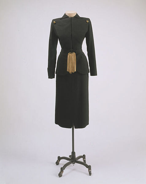 Suit, Gilbert Adrian (American, Naugatuck, Connecticut 1903–1959 Hollywood, California), (a, b) wool, metal (c) leather, metal, American