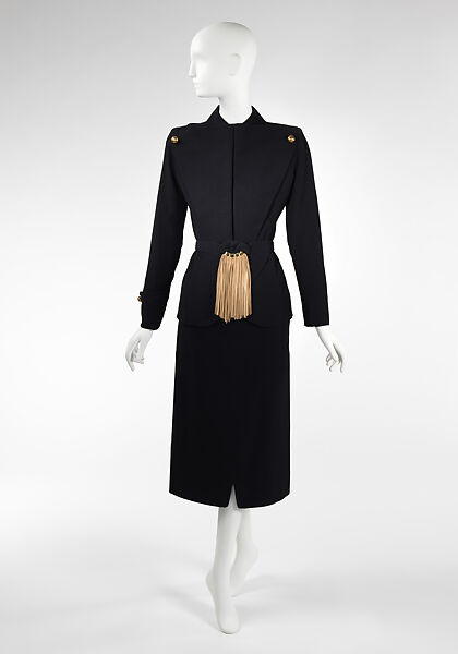 Suit, Gilbert Adrian (American, Naugatuck, Connecticut 1903–1959 Hollywood, California), (a, b) wool, metal (c) leather, metal, American 