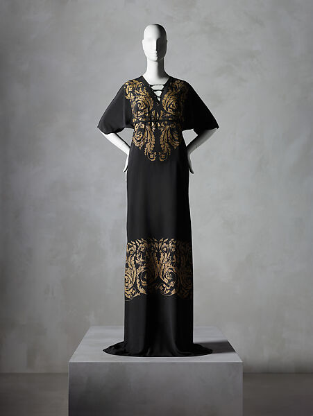 Tea gown, Fortuny (Italian, founded 1906), silk, glass, Italian 