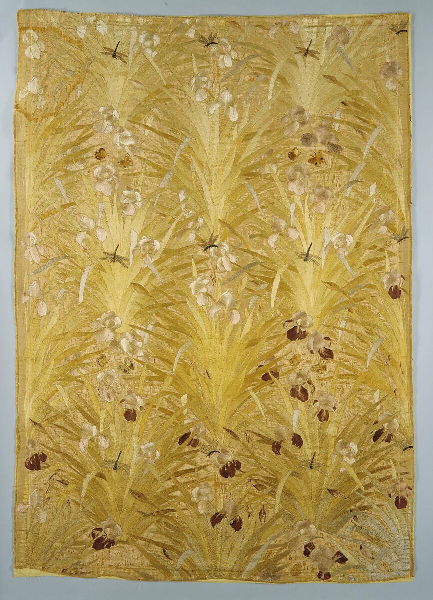 Irises panel, Candace Wheeler  American, Silk embroidered with silk and metallic-wrapped cotton threads, metal sequins, and cut-glass beads, American