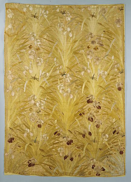 Irises panel, Candace Wheeler (American, Delhi, New York 1827–1923 New York), Silk embroidered with silk and metallic-wrapped cotton threads, metal sequins, and cut-glass beads, American 