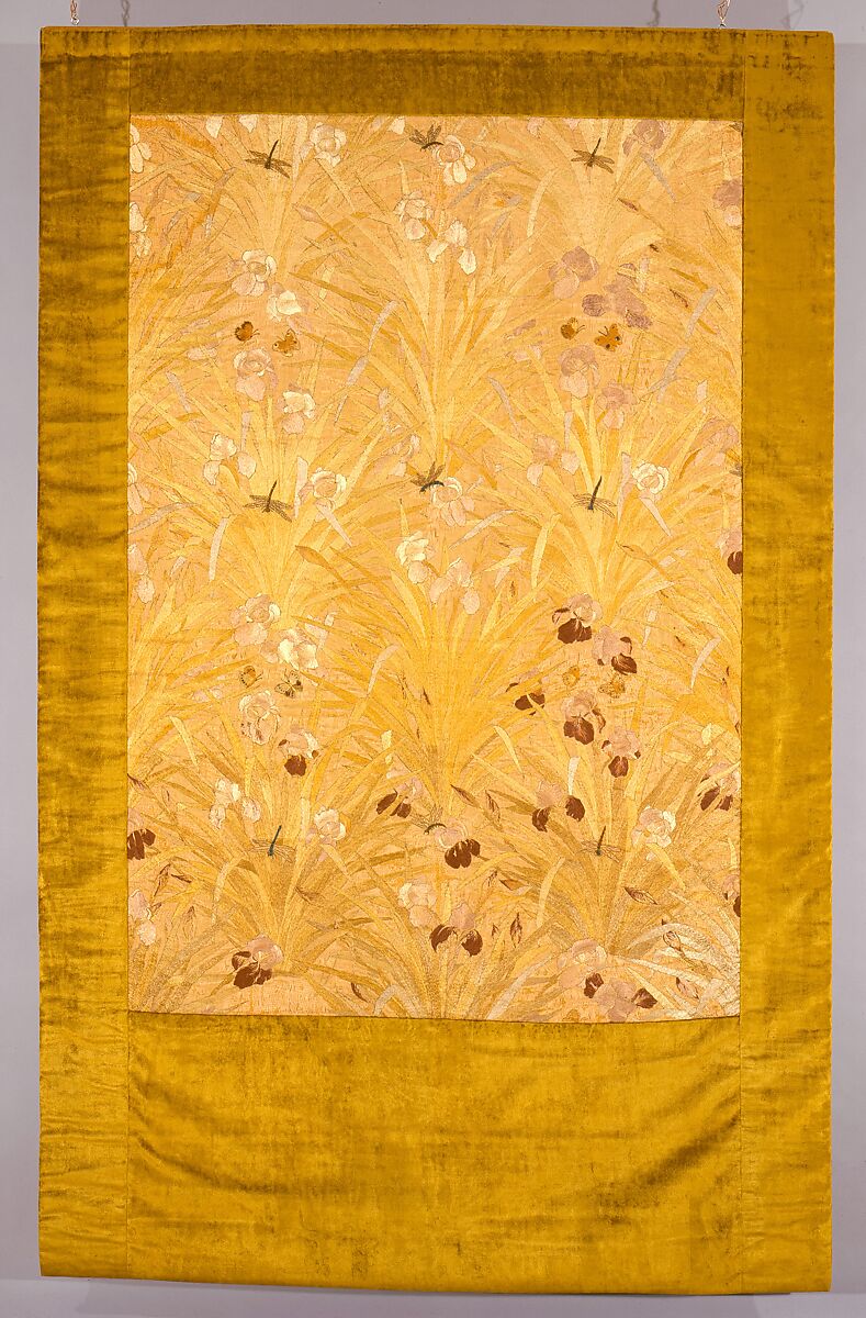 Irises panel, Candace Wheeler (American, Delhi, New York 1827–1923 New York), Silk embroidered with silk and metallic-wrapped cotton threads, metal sequins, and cut-glass beads, American