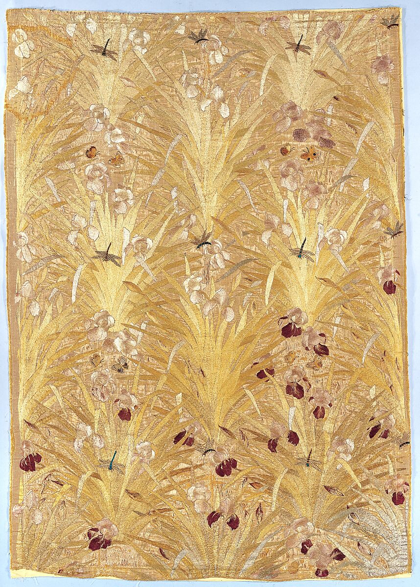 Irises panel, Candace Wheeler (American, Delhi, New York 1827–1923 New York), Silk embroidered with silk and metallic-wrapped cotton threads, metal sequins, and cut-glass beads, American