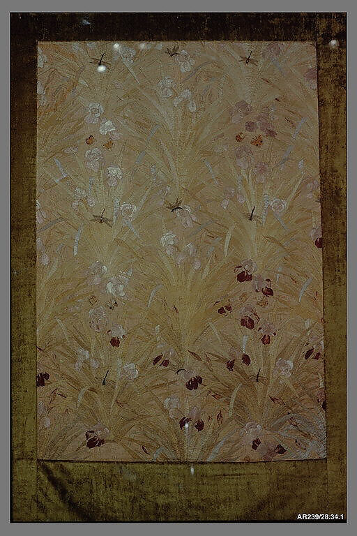 Irises panel, Candace Wheeler (American, Delhi, New York 1827–1923 New York), Silk embroidered with silk and metallic-wrapped cotton threads, metal sequins, and cut-glass beads, American