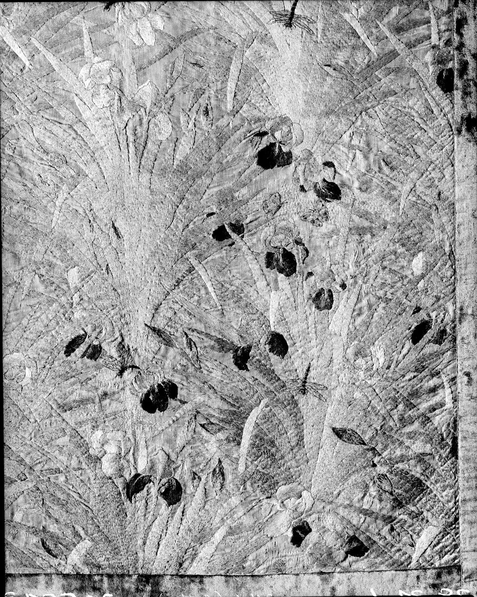 Irises panel, Candace Wheeler (American, Delhi, New York 1827–1923 New York), Silk embroidered with silk and metallic-wrapped cotton threads, metal sequins, and cut-glass beads, American