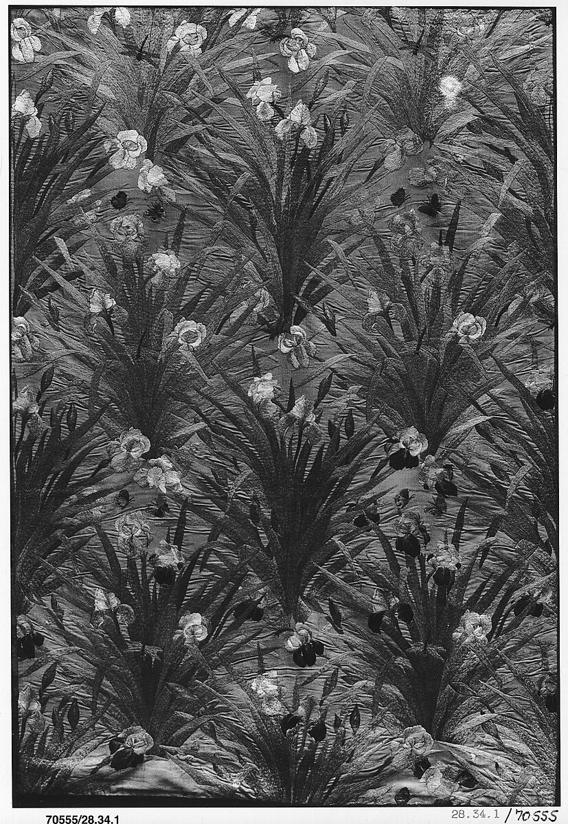 Irises panel, Candace Wheeler (American, Delhi, New York 1827–1923 New York), Silk embroidered with silk and metallic-wrapped cotton threads, metal sequins, and cut-glass beads, American