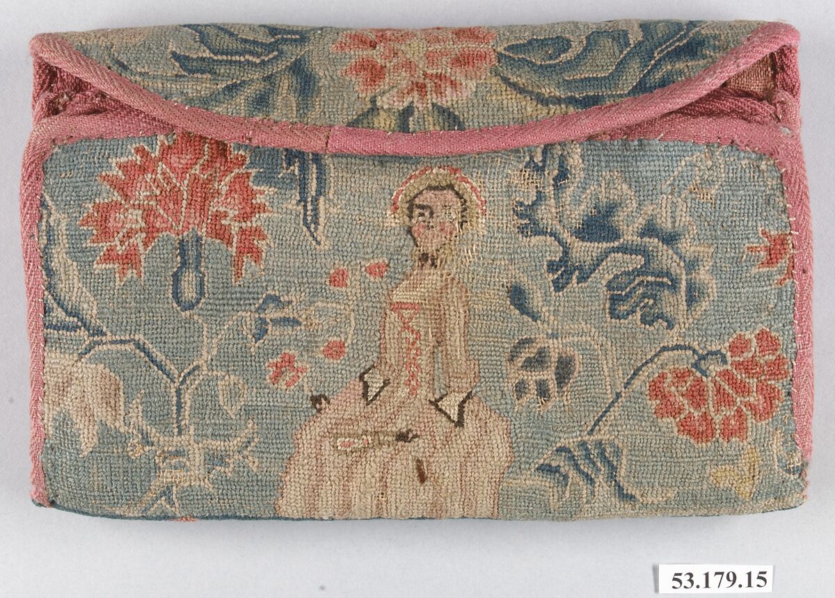 Purse, Linen embroidered with wool, American 