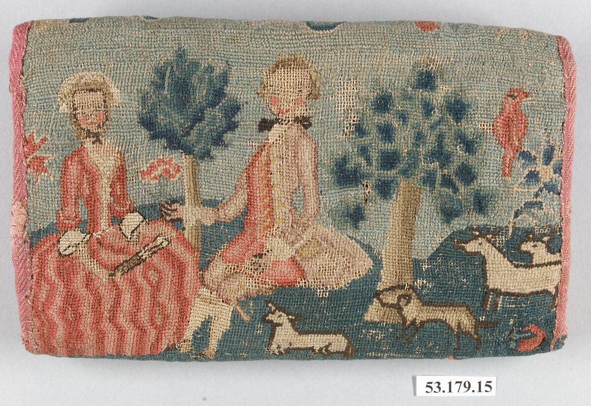 Purse, Linen embroidered with wool, American