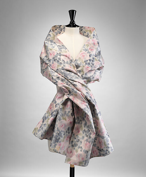 Evening ensemble, (c, d) Shoes by Delicata (French, active 1950s–70s), (a, b) silk; (c, d) silk, leather; (e, f) wood, French