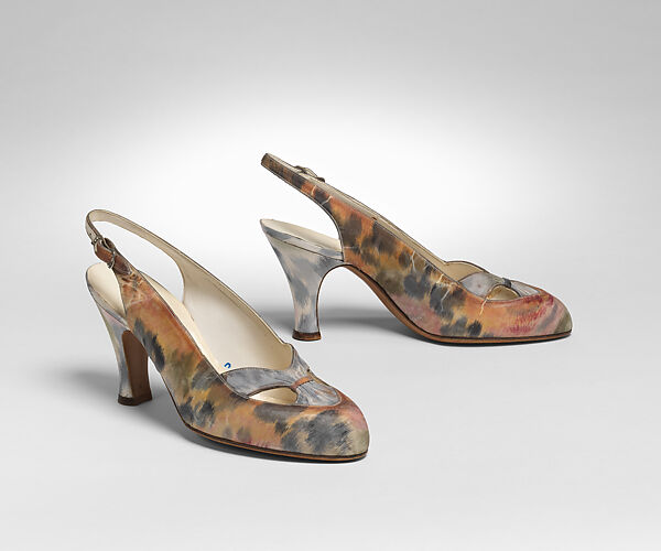 Evening ensemble, (c, d) Shoes by Delicata (French, active 1950s–70s), (a, b) silk; (c, d) silk, leather; (e, f) wood, French