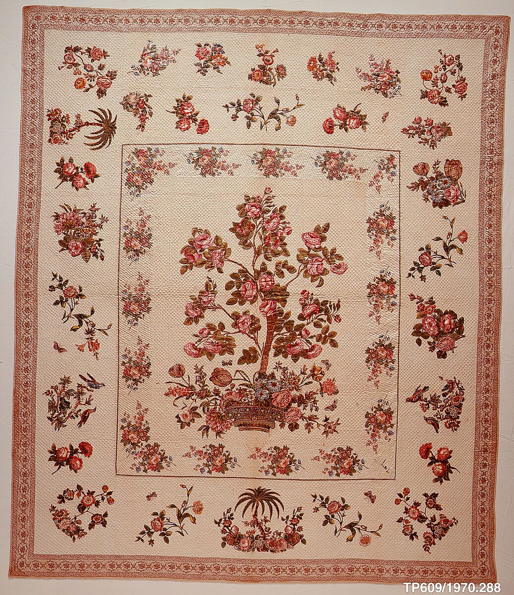 Chintz appliquéd quilt, Mary Malvina Cook Taft (1812–1905), Cotton, Chintz appliquéd, American