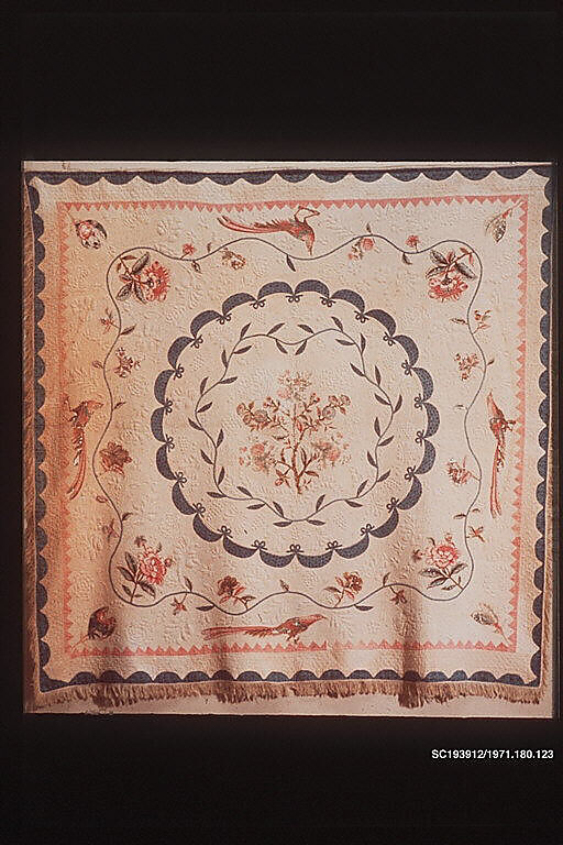 Chintz appliqued quilt, Cotton and linen (?) appliqued, American 