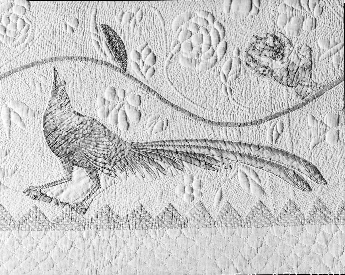 Chintz appliqued quilt, Cotton and linen (?) appliqued, American