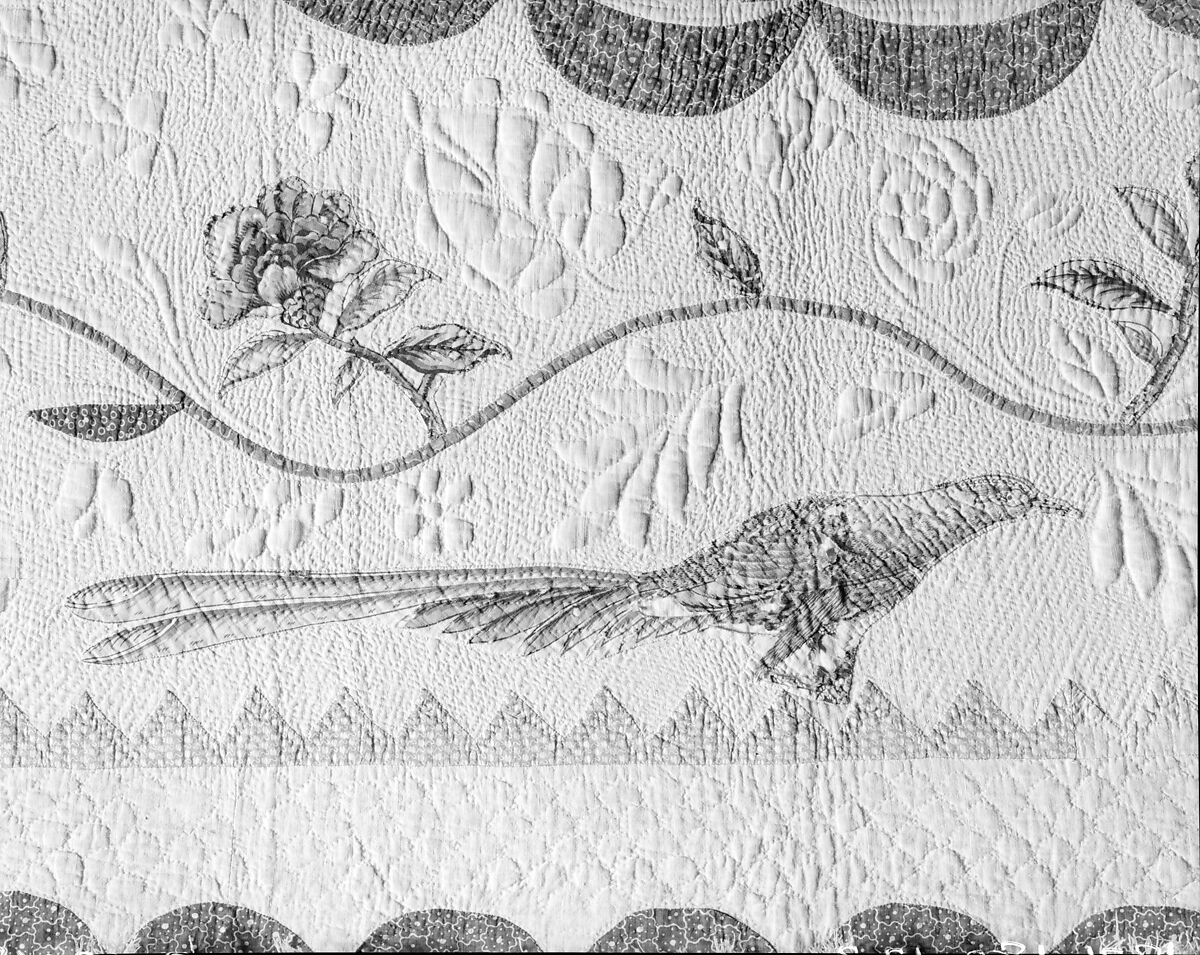 Chintz appliqued quilt, Cotton and linen (?) appliqued, American