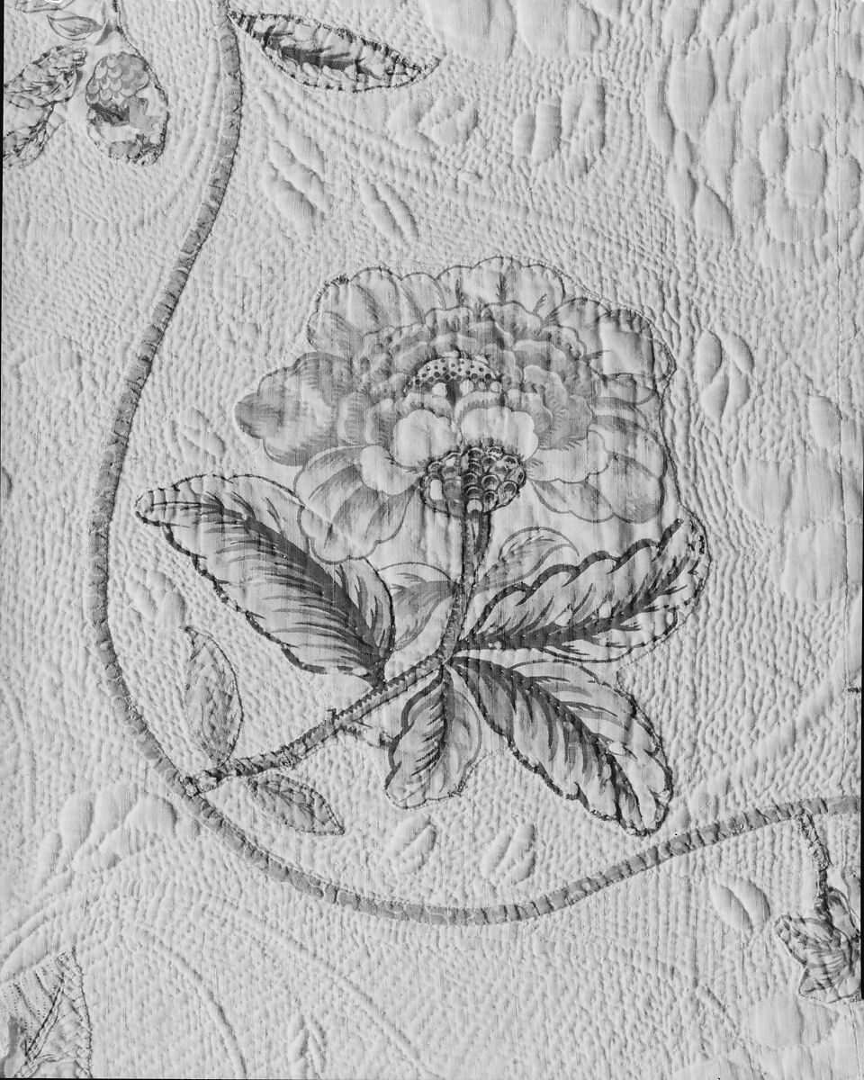 Chintz appliqued quilt, Cotton and linen (?) appliqued, American