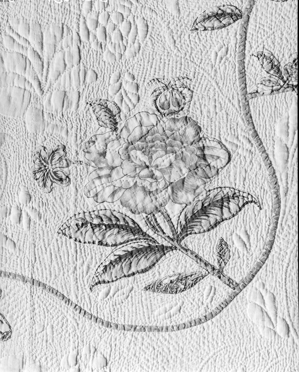 Chintz appliqued quilt, Cotton and linen (?) appliqued, American