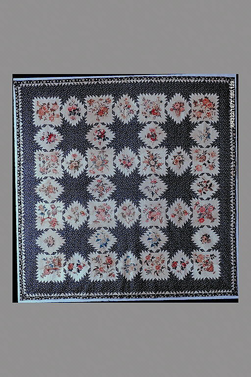 Feathered Star pattern quilt with chintz appliques, Cotton, American 