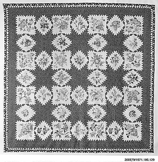 Feathered Star pattern quilt with chintz appliques, Cotton, American
