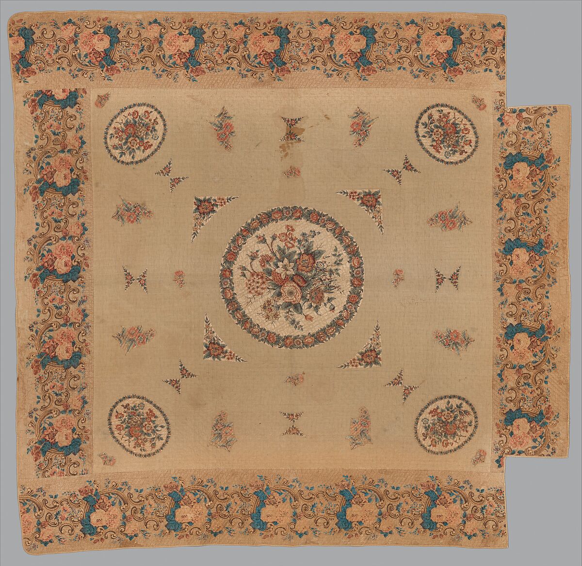 Chintz appliquéd quilt, Cotton and linen, American 
