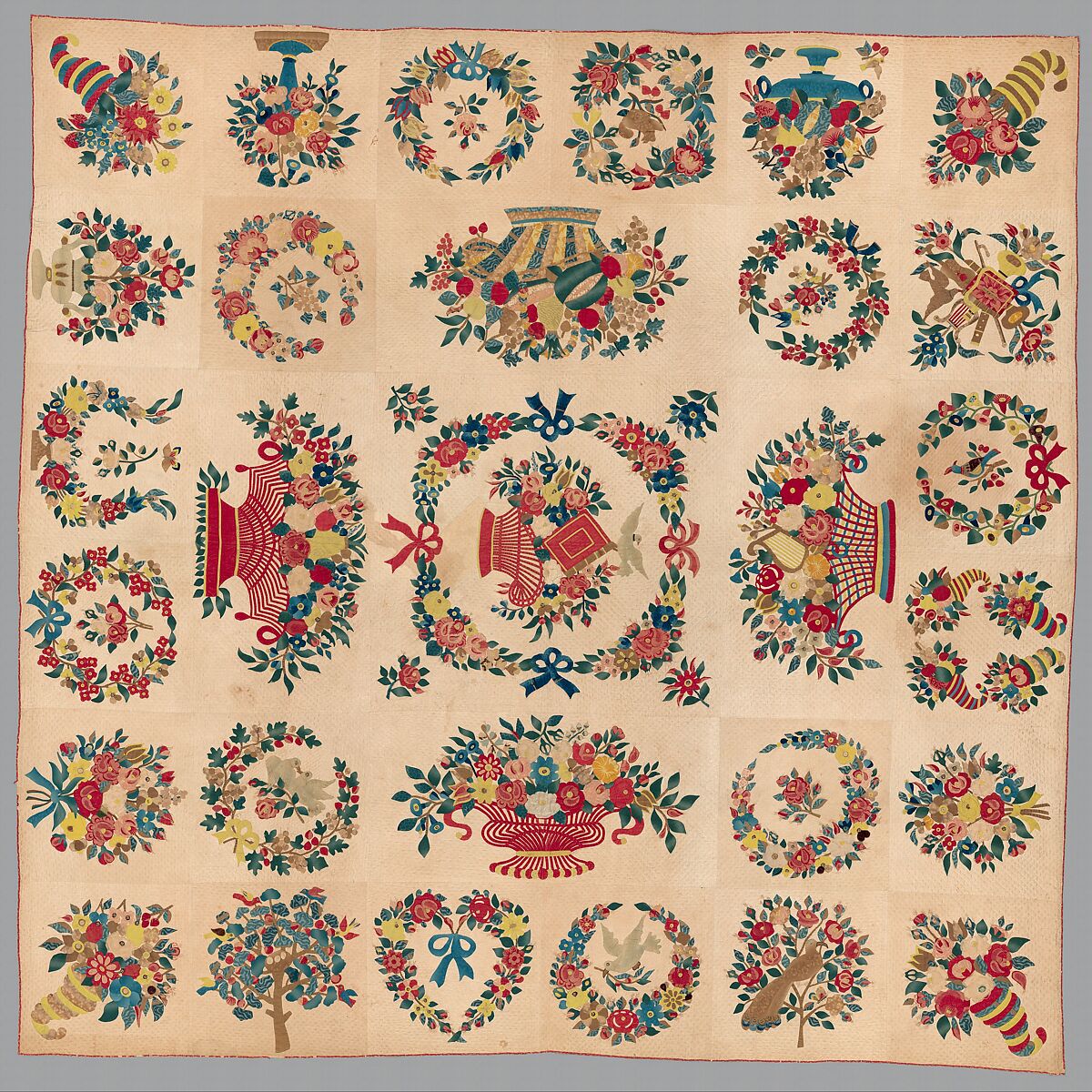 Quilt, Presentation pattern, Designs attributed to Mary Hergenroder Simon (1808–1877), Cotton and silk velvet, American