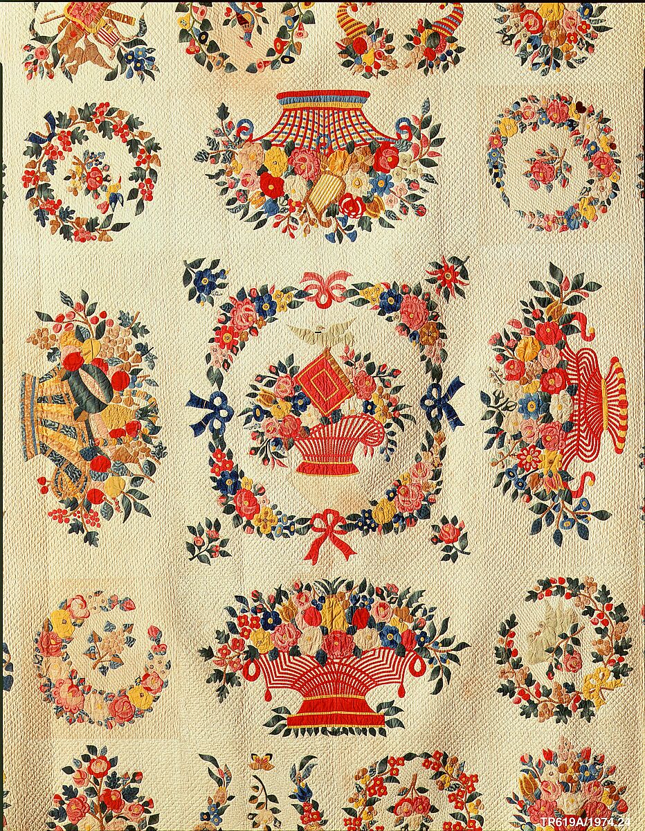 Quilt, Presentation pattern, Designs attributed to Mary Hergenroder Simon (1808–1877), Cotton and silk velvet, American