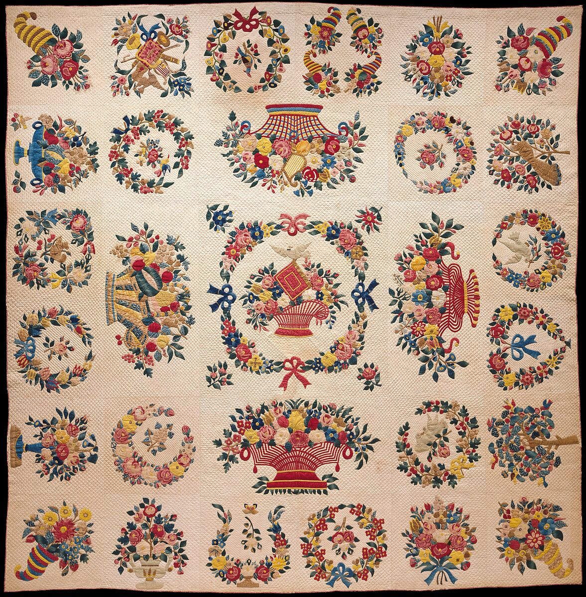 Quilt, Presentation pattern, Designs attributed to Mary Hergenroder Simon (1808–1877), Cotton and silk velvet, American 