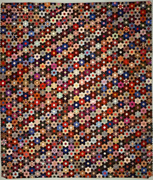 Quilt, Hexagon or mosaic pattern, Anne Record (born 1832), Silk and silk velvet, American 