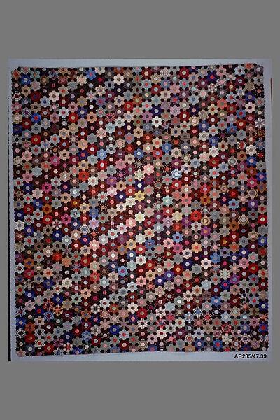 Quilt, Hexagon or mosaic pattern, Anne Record (born 1832), Silk and silk velvet, American