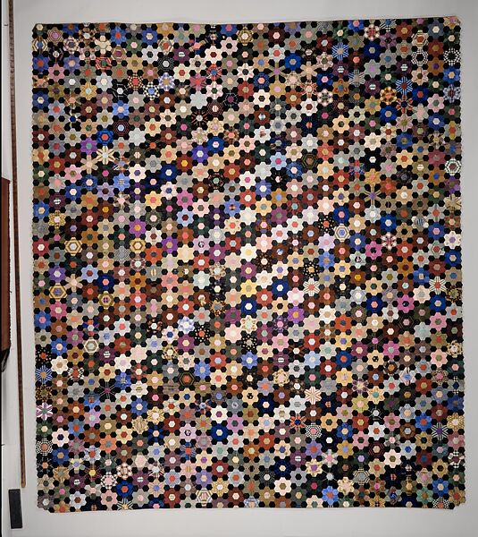 Quilt, Hexagon or mosaic pattern, Anne Record (born 1832), Silk and silk velvet, American