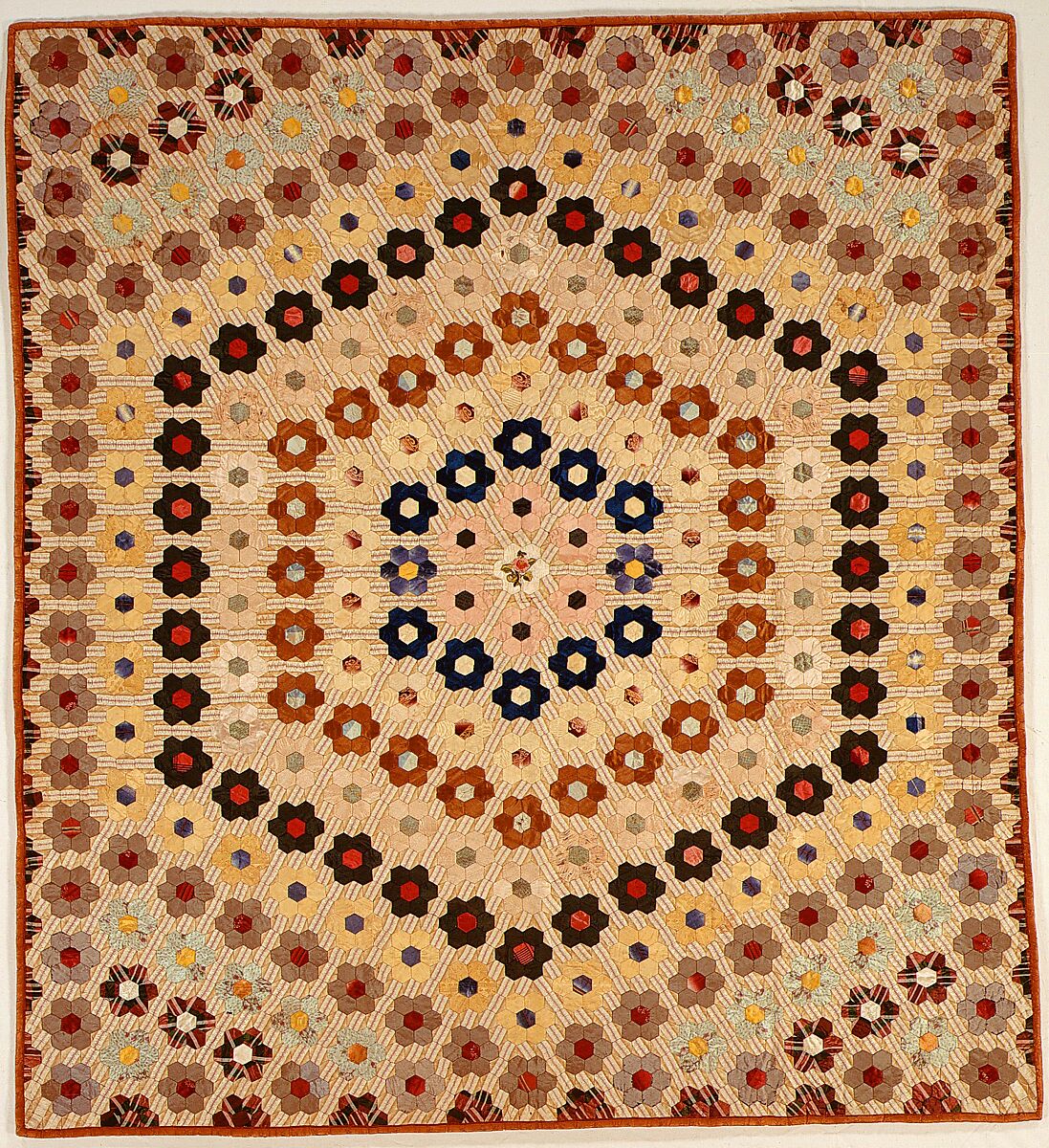 Quilt (or decorative throw). Hexagon or Mosaic pattern, Possibly Caroline Brooks Gould, Silk, American 