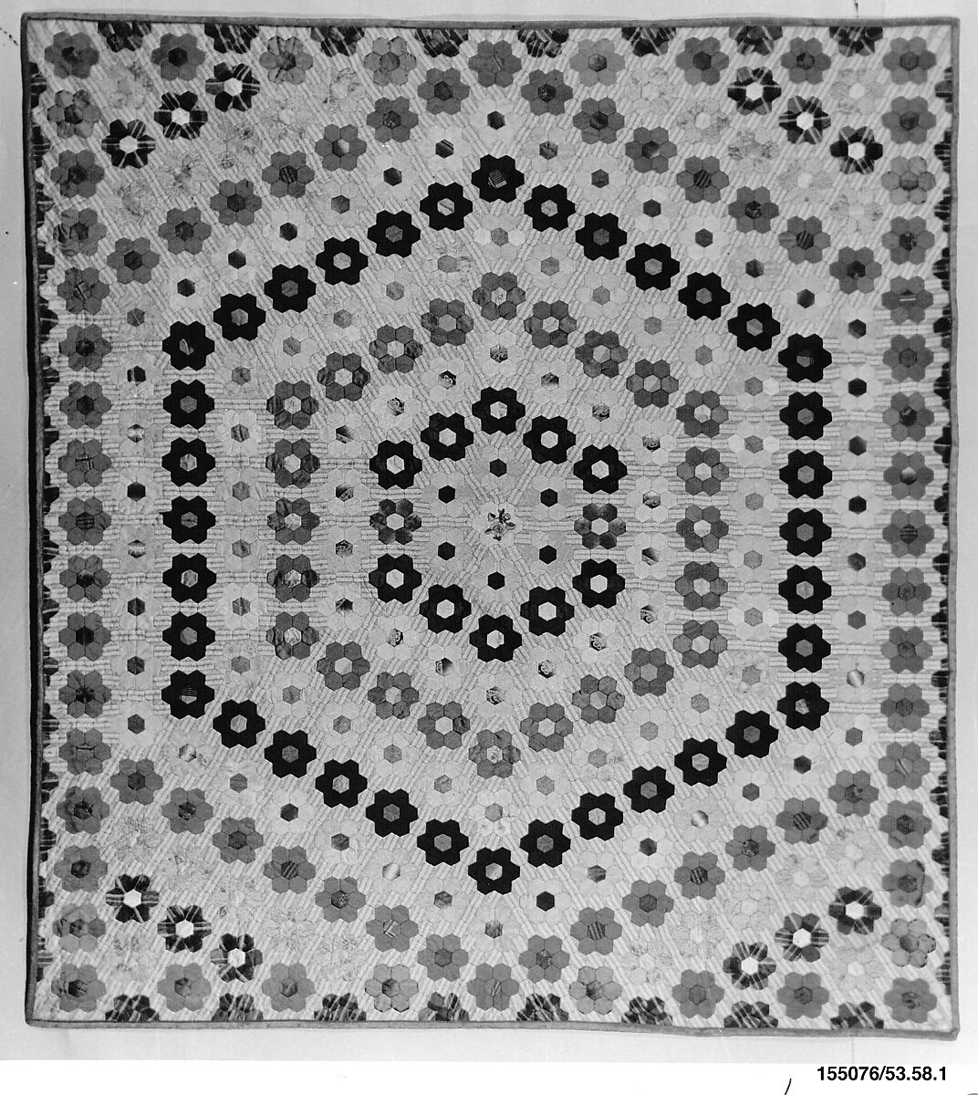 Quilt (or decorative throw). Hexagon or Mosaic pattern, Possibly Caroline Brooks Gould, Silk, American