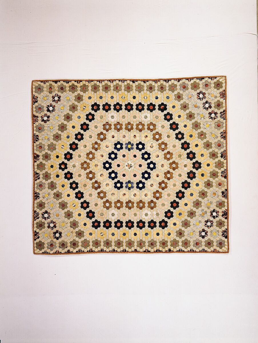 Quilt (or decorative throw). Hexagon or Mosaic pattern, Possibly Caroline Brooks Gould, Silk, American