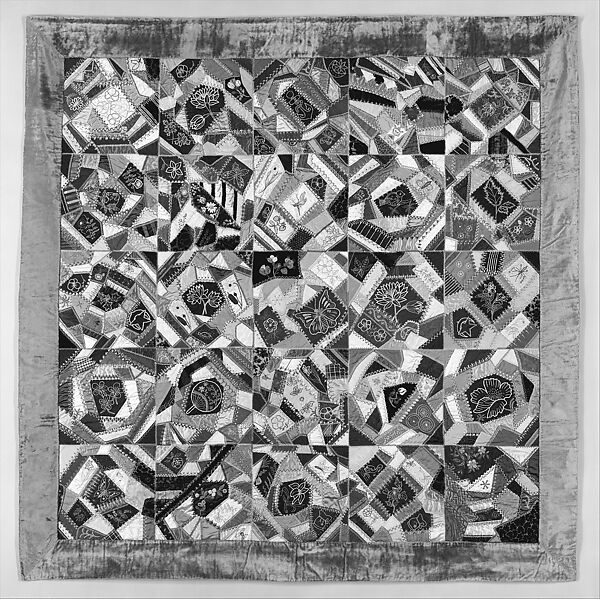 Quilt, Crazy pattern, Aletta Whitehouse Davis (1830?–1925), Silk, silk velvet, cotton, and chenille, American
