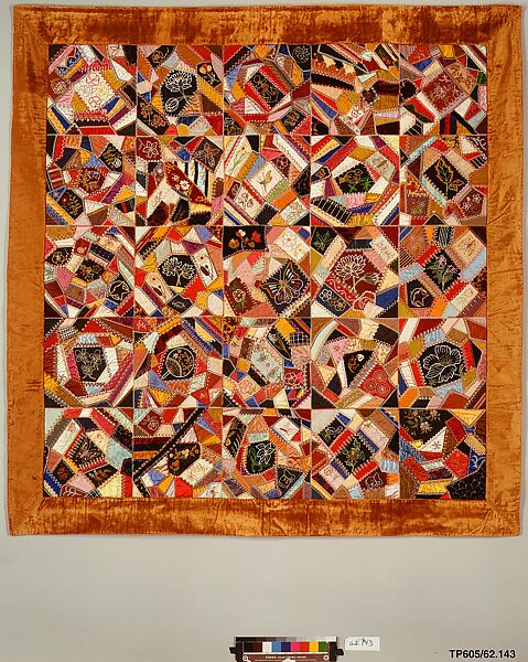Quilt, Crazy pattern, Aletta Whitehouse Davis (1830?–1925), Silk, silk velvet, cotton, and chenille, American