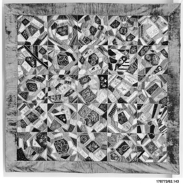 Quilt, Crazy pattern, Aletta Whitehouse Davis (1830?–1925), Silk, silk velvet, cotton, and chenille, American