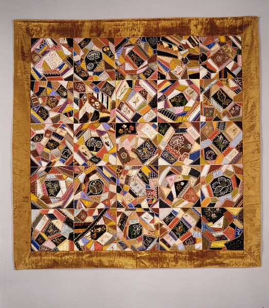 Quilt, Crazy pattern, Aletta Whitehouse Davis (1830?–1925), Silk, silk velvet, cotton, and chenille, American 