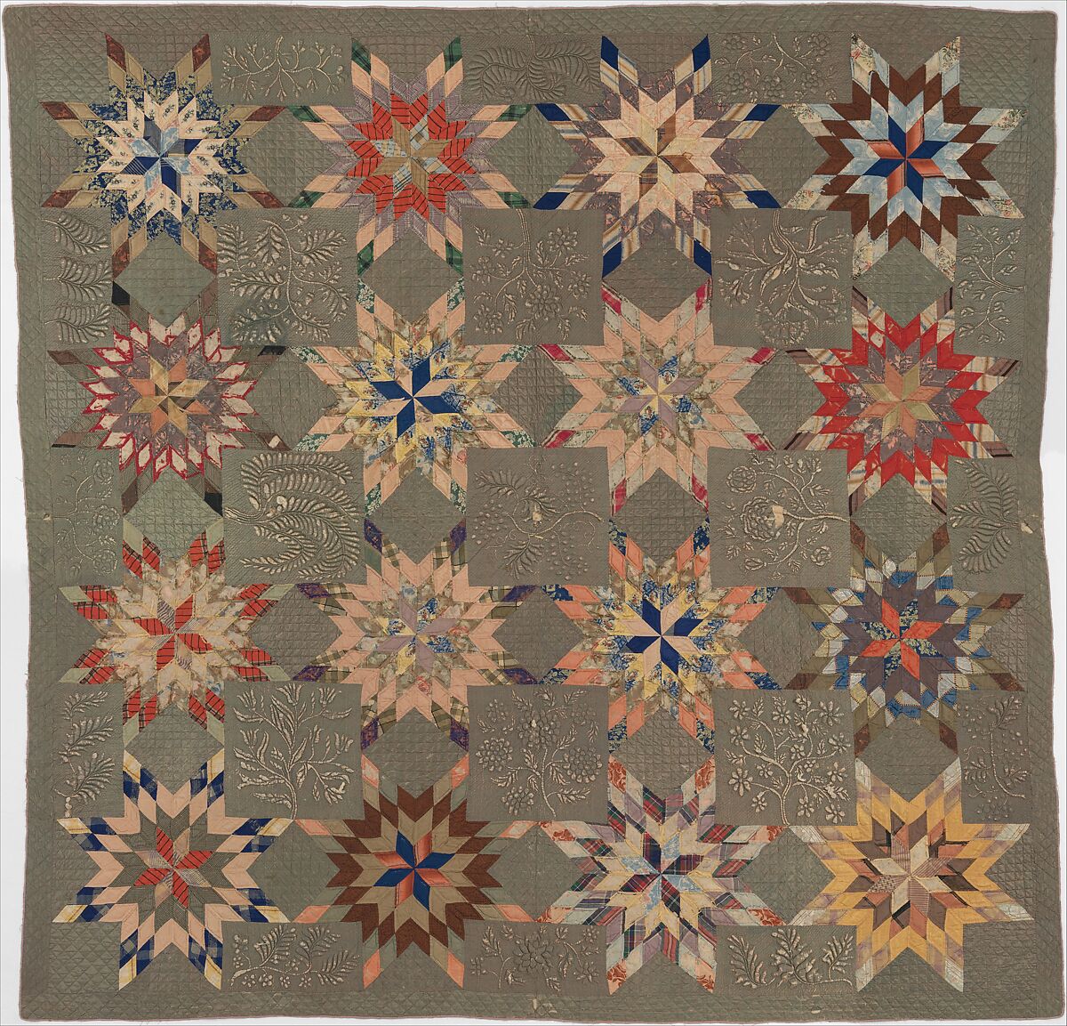 Quilt, Star of Bethlehem pattern variation, Ellen Morton Littlejohn (1826–1899), Silk and cotton, American 
