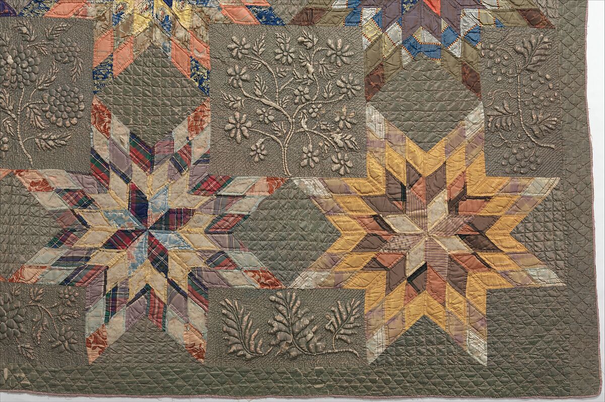Quilt, Star of Bethlehem pattern variation, Ellen Morton Littlejohn (1826–1899), Silk and cotton, American