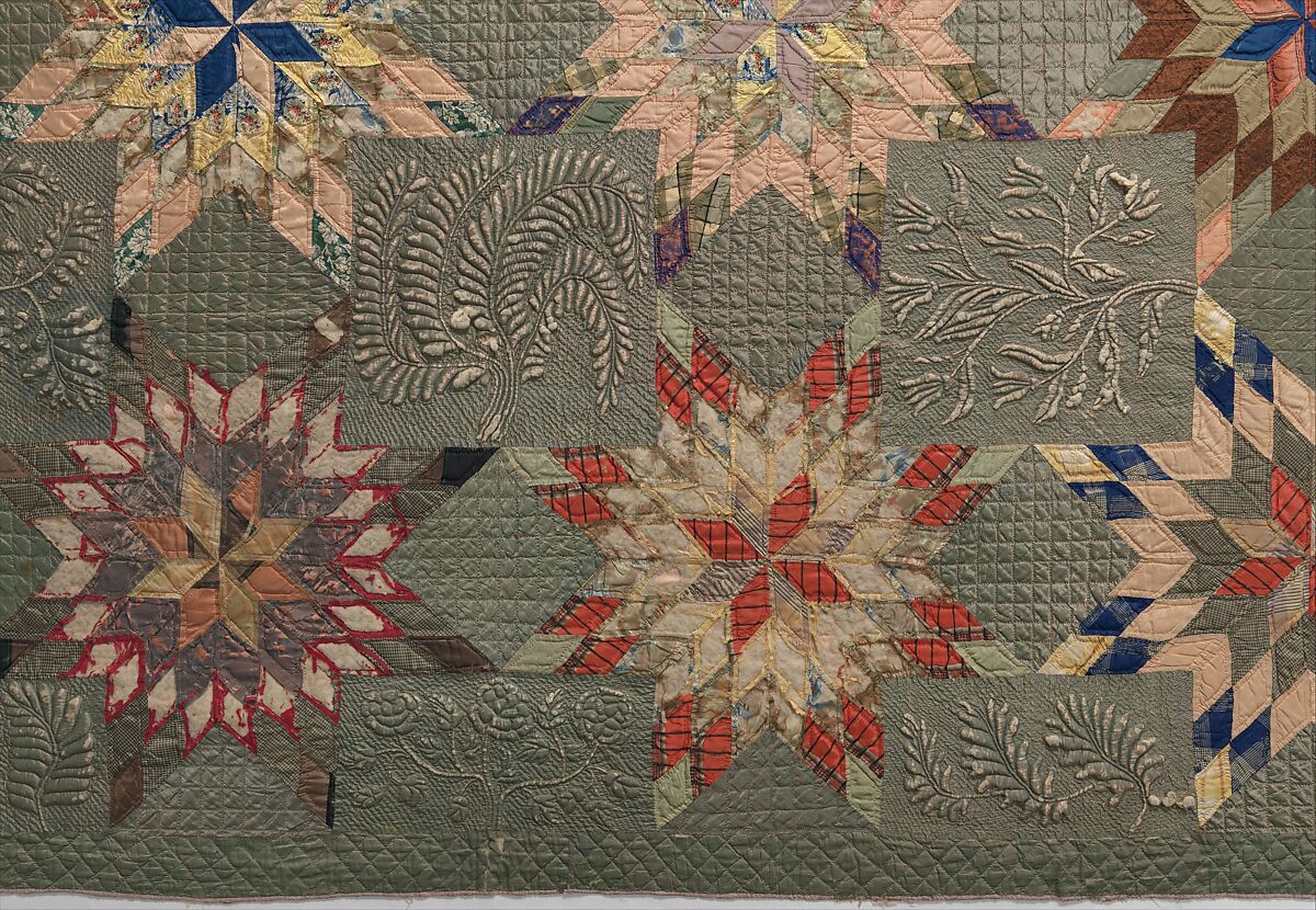 Quilt, Star of Bethlehem pattern variation, Ellen Morton Littlejohn (1826–1899), Silk and cotton, American