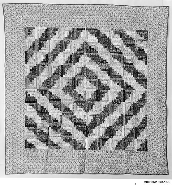Quilt, Log Cabin pattern, Barn Raising variation, Cotton and wool, American