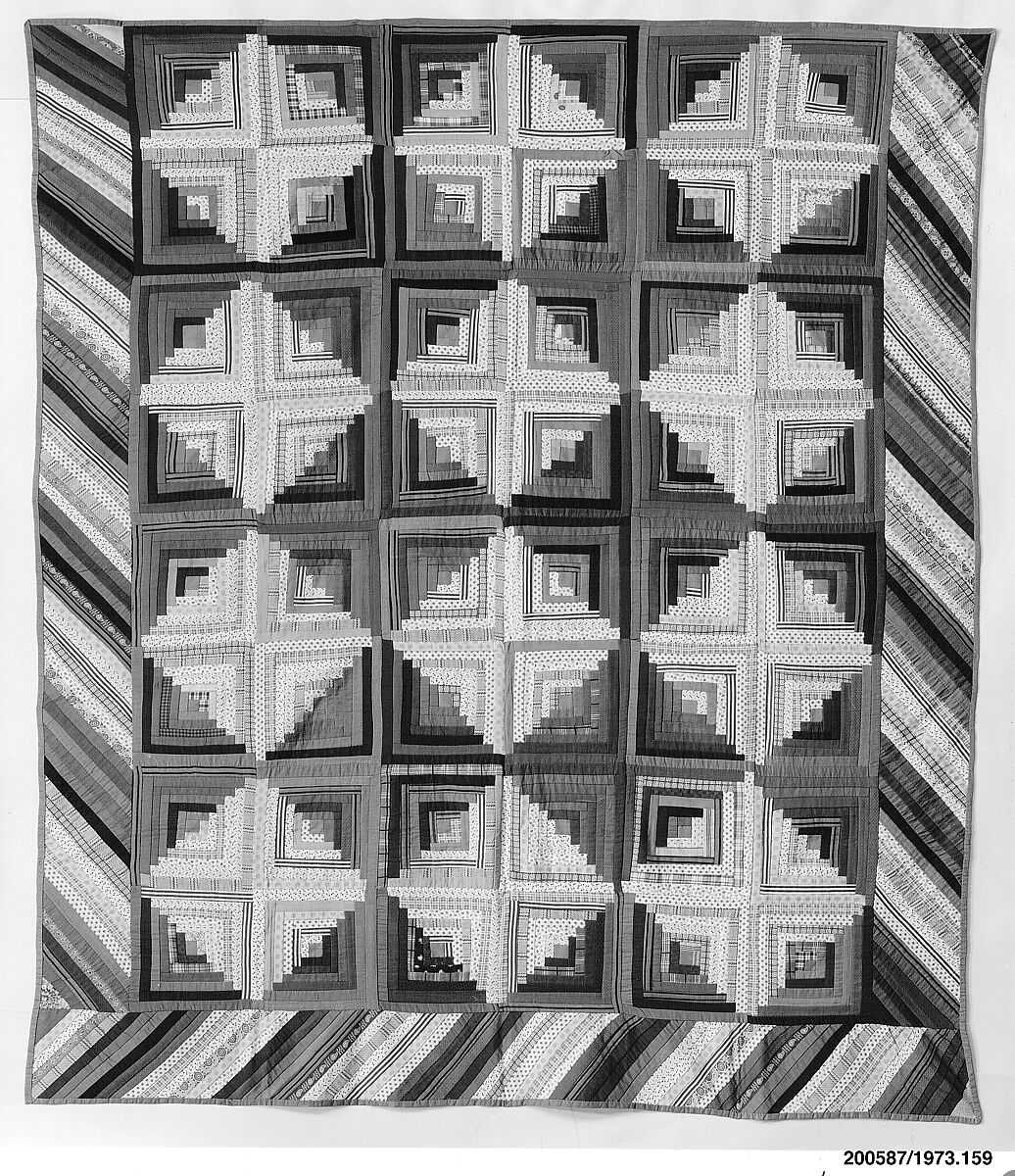 Quilt, Log Cabin pattern, Light and Dark variation, Wool and cotton, American