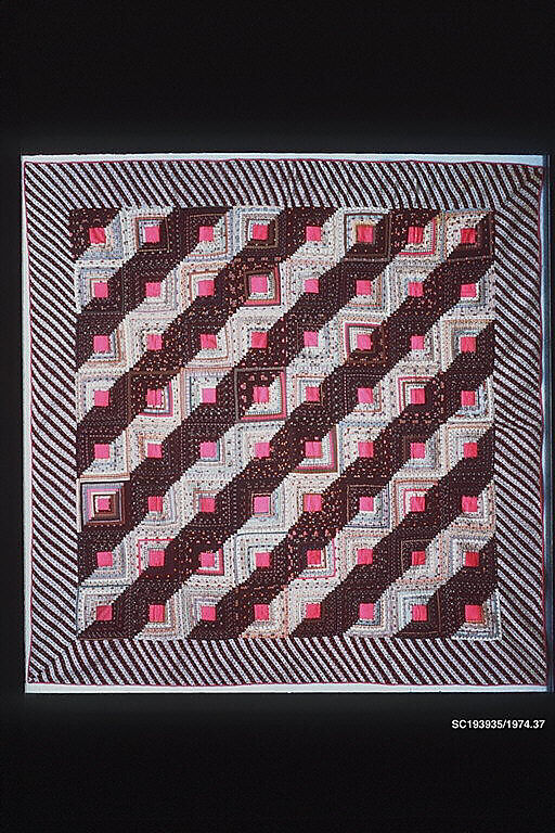 Quilt, Log Cabin pattern, Straight Furrow variation, Wool and cotton, American